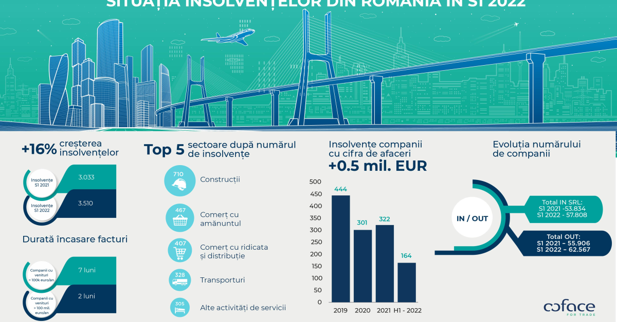 Studiu Coface: Construcțiile și comerțul, în topul insolvențelor, în primele șase luni