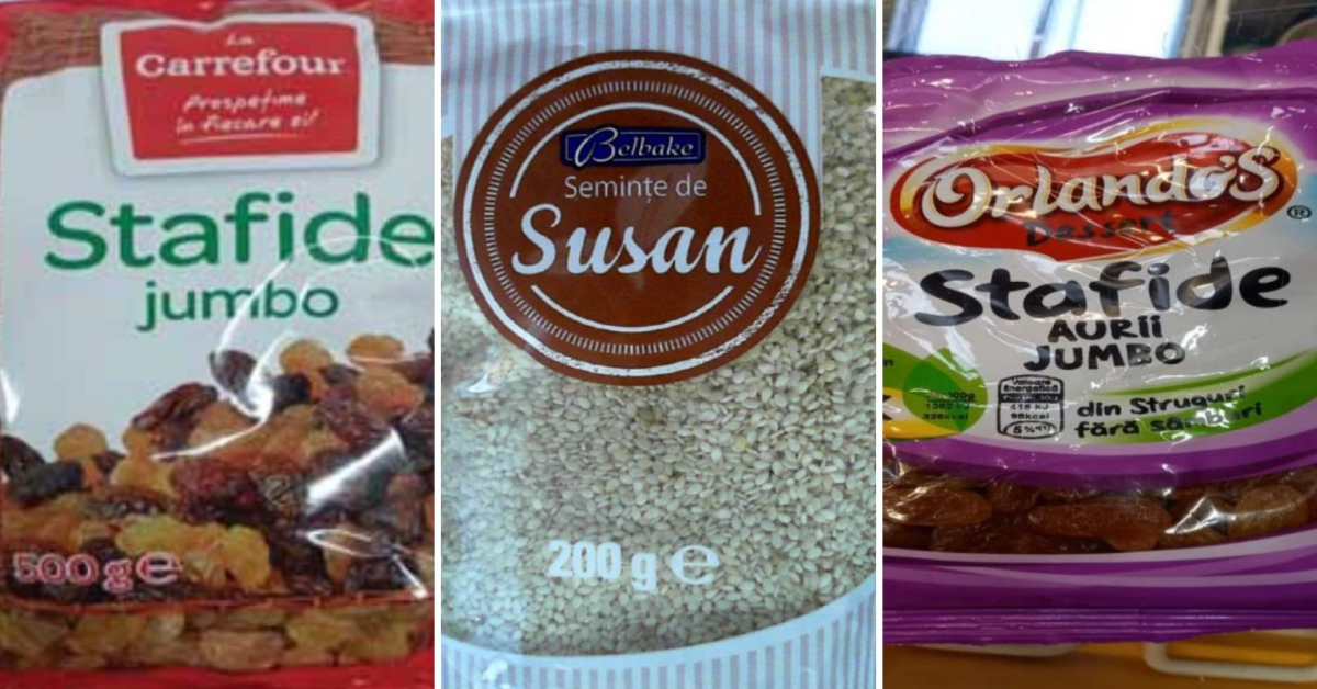 Stafide cu pesticide și semințe de susan cu salmonella, retrase din magazinele Lidl, Selgros și Carrefour